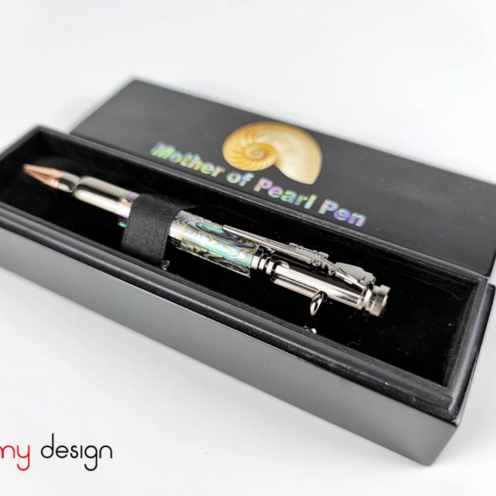 Black pen box included with blue mother of pearl pen, nickel with latch